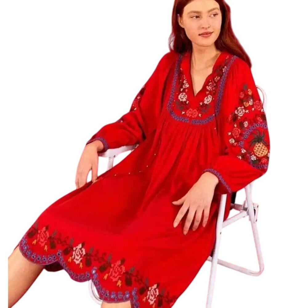 FARM RIO Red Embroidered Cross Stitch Long Sleeve Linen Midi Maxi Dress Size XS